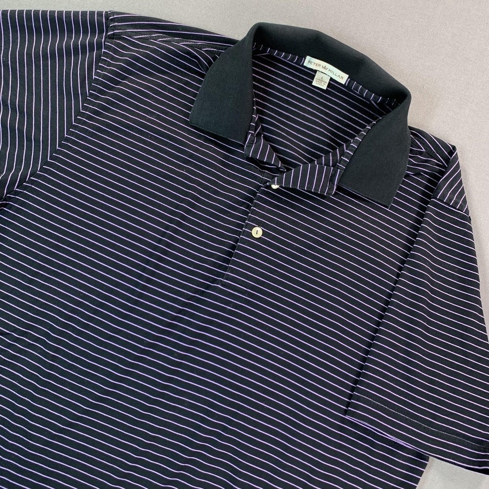 Peter Millar Polo Shirt Mens Large Black Purple Stripe Cotton Jersey Golf Casual